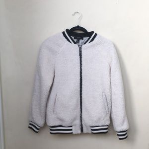 Zip up black and white fuzzy bomber jacket